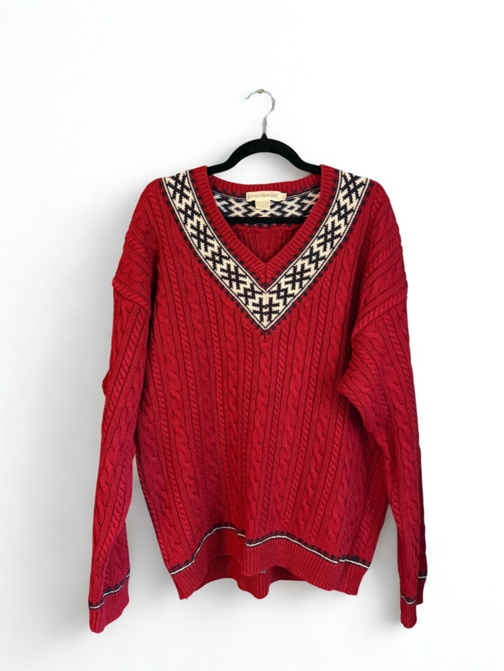 90’s Banana Republic Red Cable-Knit V-Neck Fair Isle Sweater